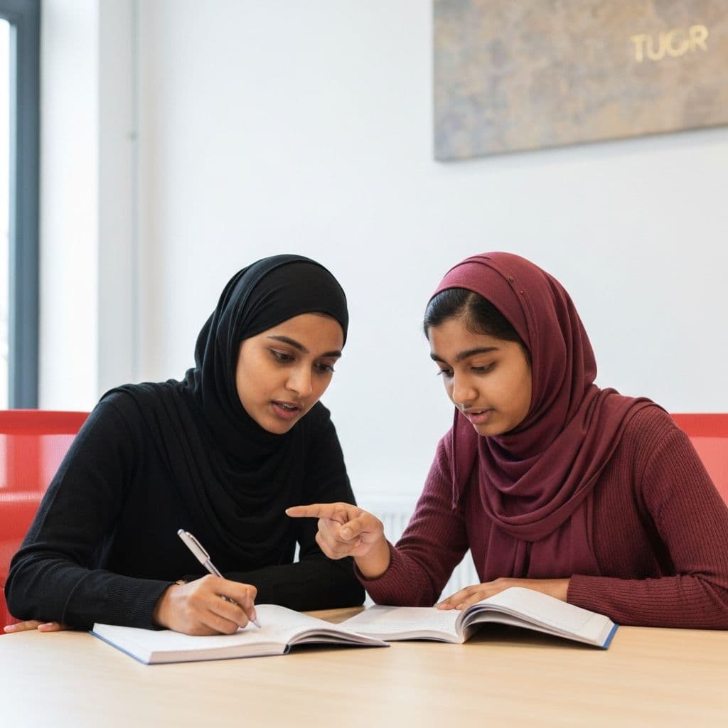 A female tutor helping a student with her work