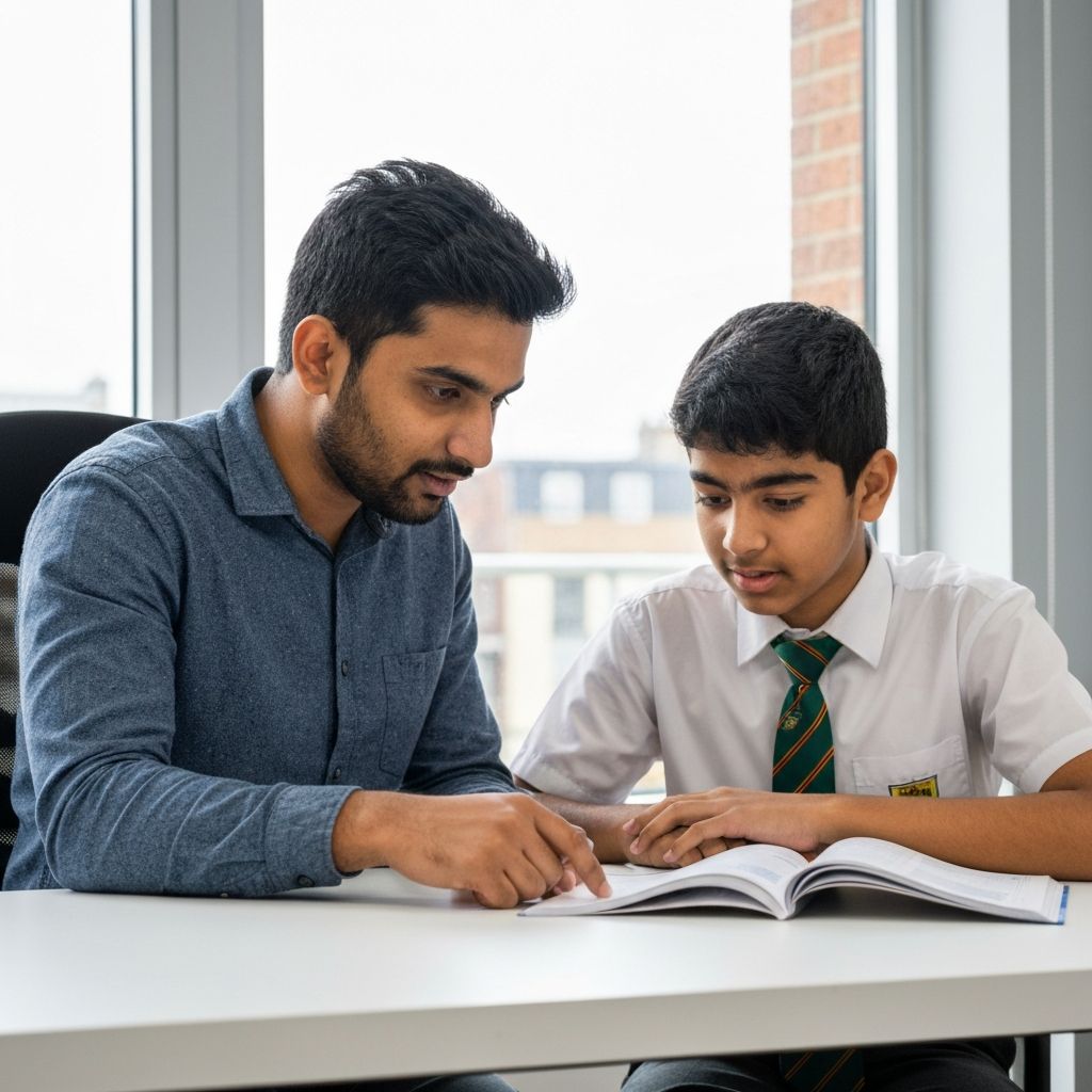 A tutor helping a student in a bright learning environment